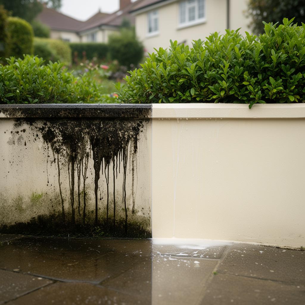 British rendered garden wall mid-clean showing dramatic before-and-after contrast — algae-streaked render on one side, bright cleaned render on the other