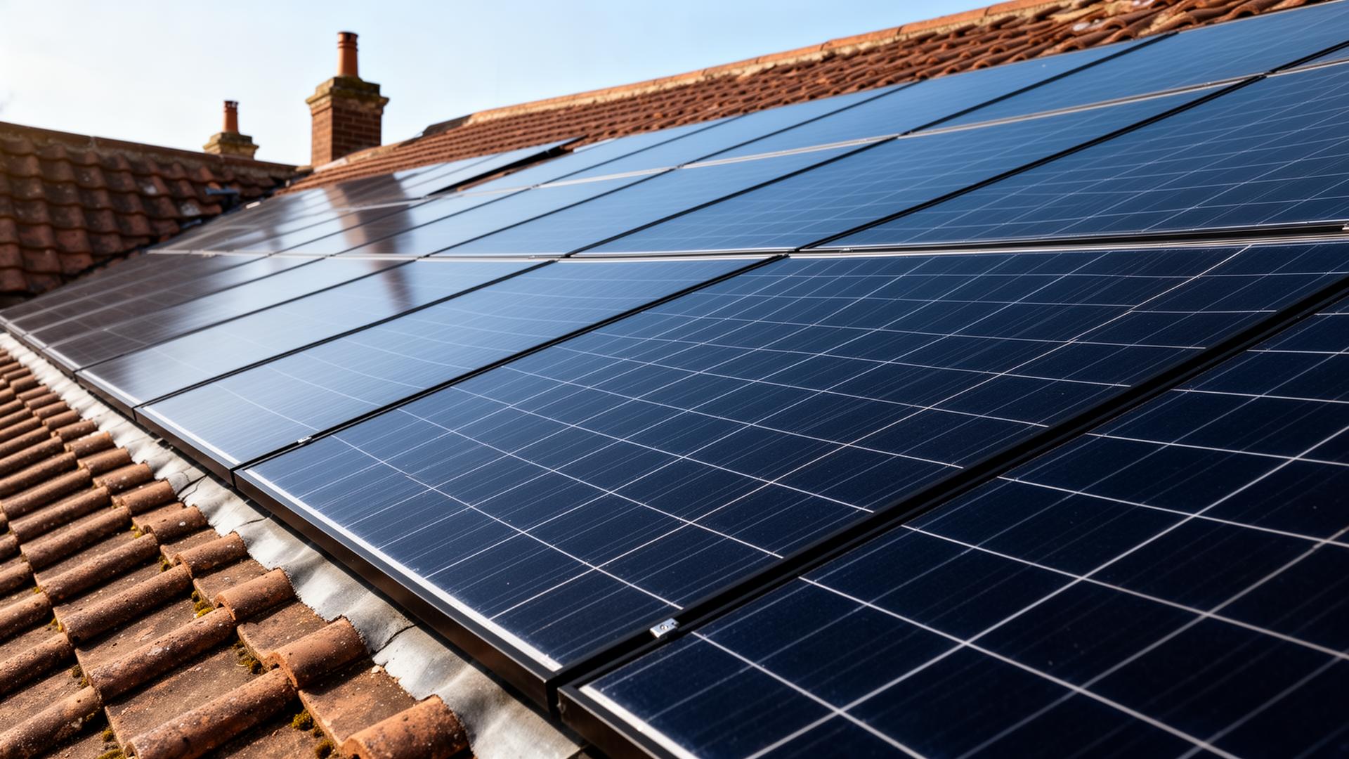 Pristine rows of dark solar PV panels on a British tiled roof with spotless glass surfaces