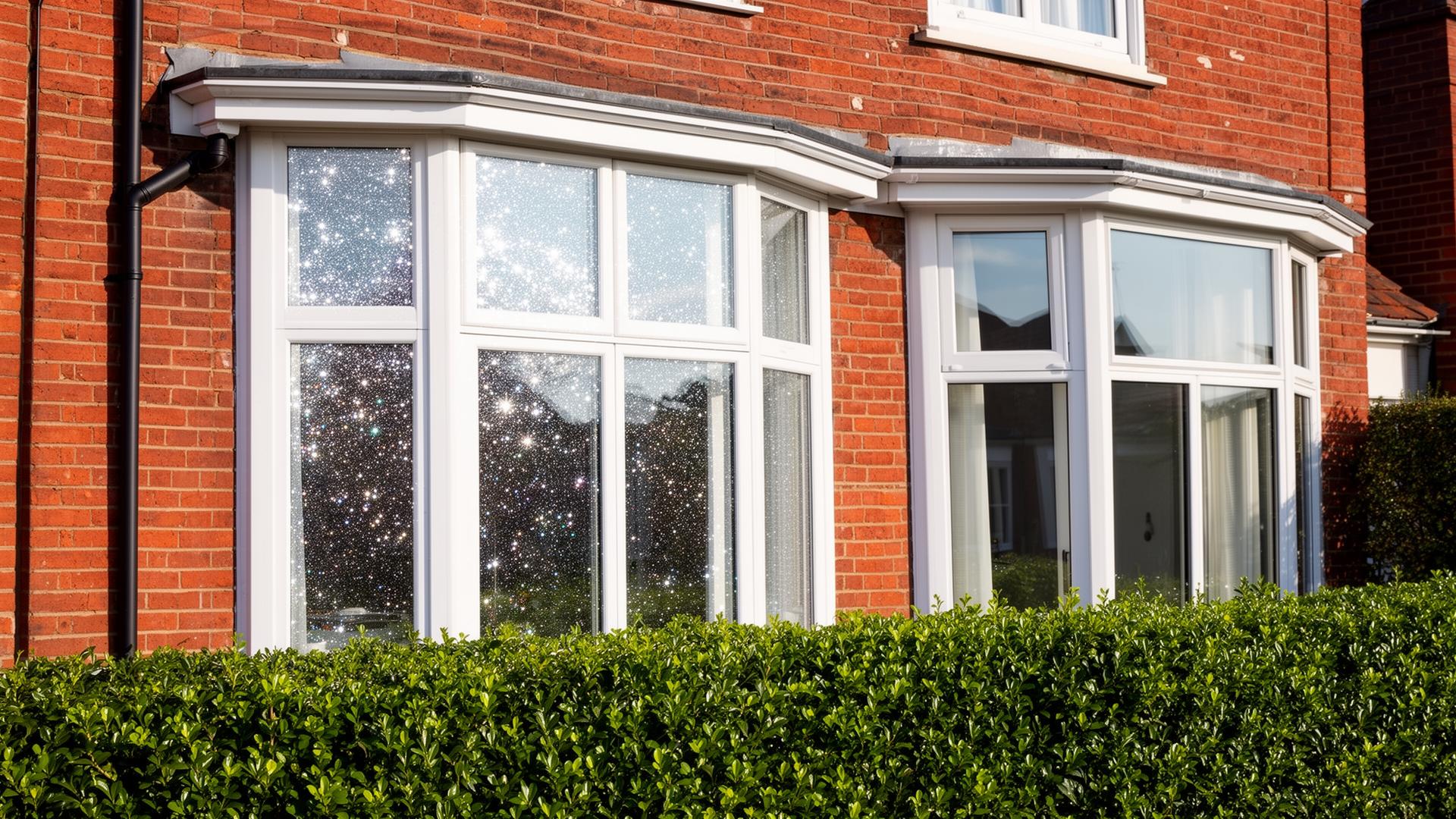 Crystal-clear sparkling clean windows in white uPVC frames on a British red-brick home